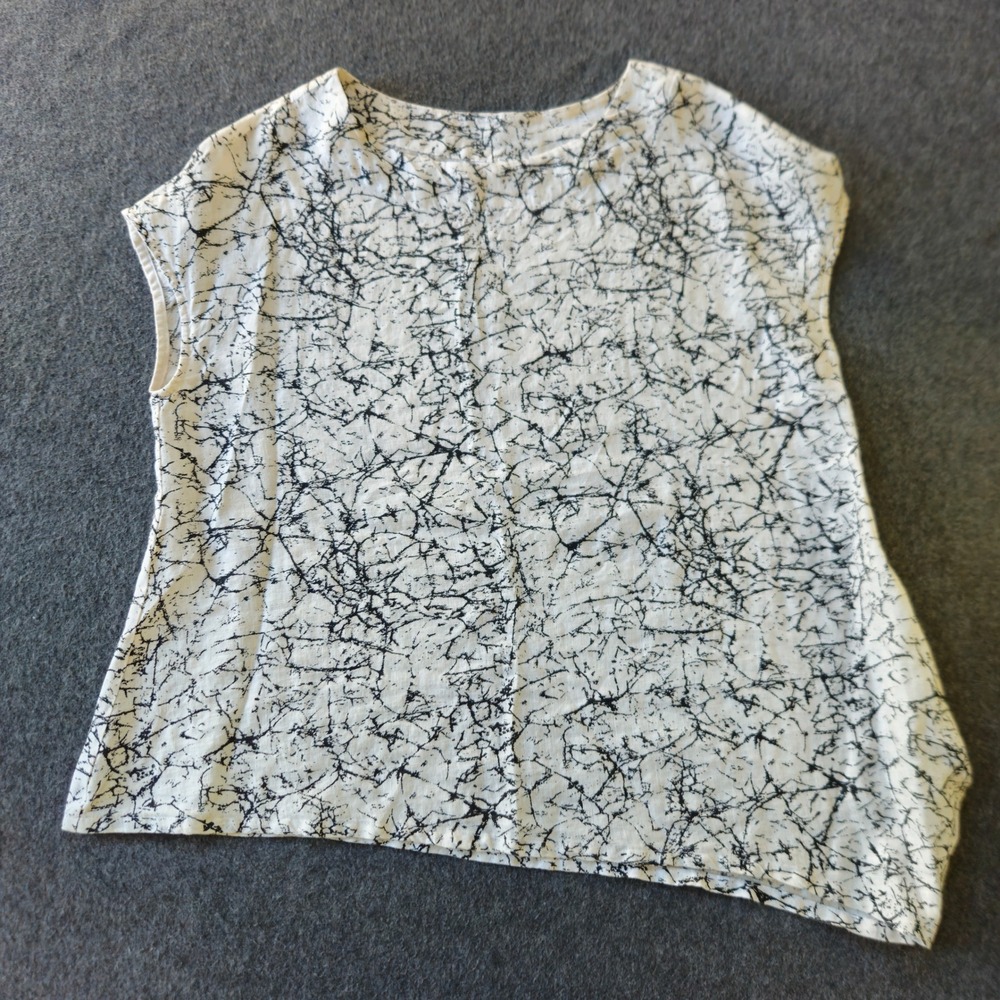 Bryn Walker 100% Linen Top Small White Black Abstract Asymmetrical EUC Lagenlook